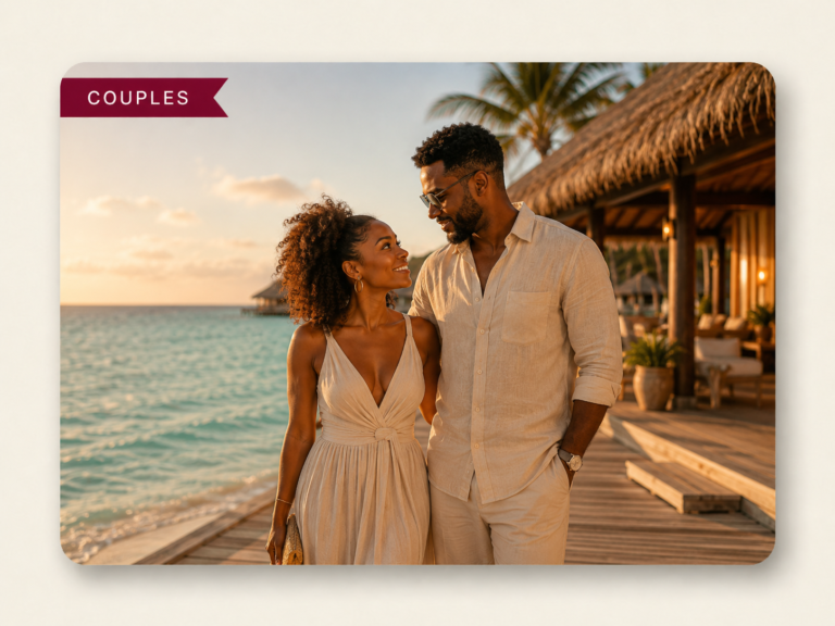 Couple enjoying a romantic tropical resort getaway